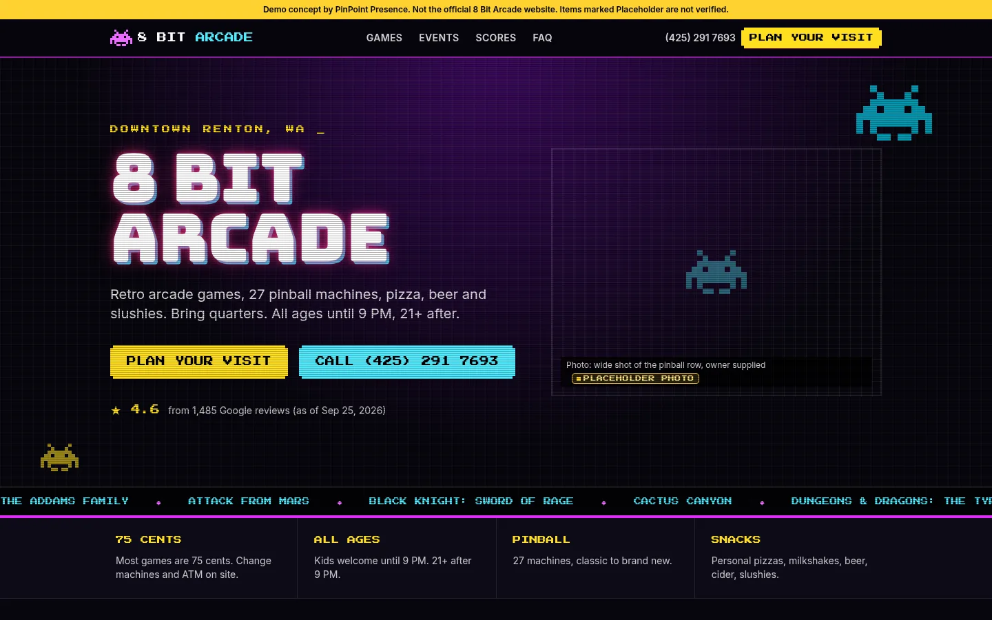 Desktop view of the 8 Bit Arcade demo website built by PinPoint Presence